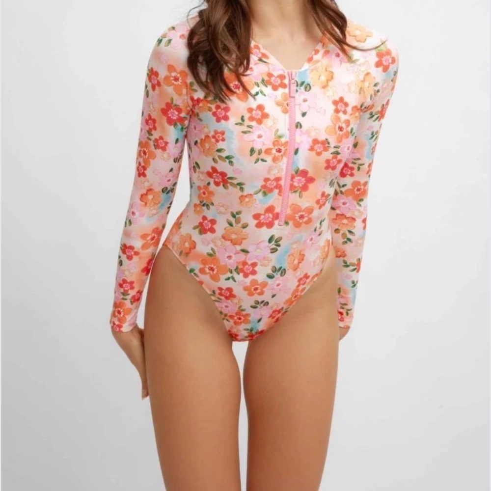 Blackbough Long Sleeve Floral Zip Swimsuit Rash Guard Small NWOT